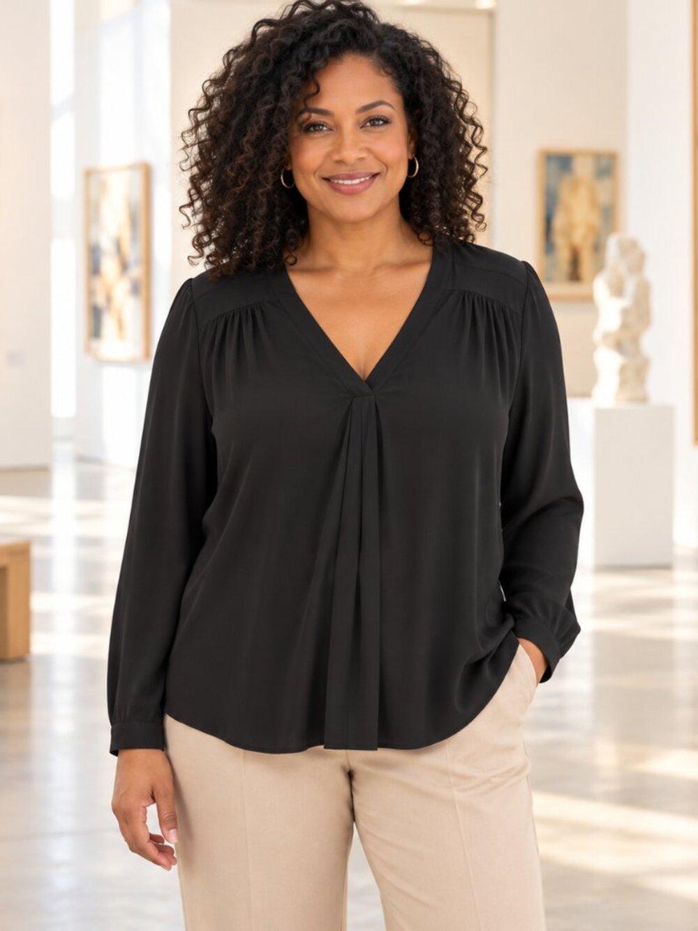 Pleione Black V-Neck Gathered Long Sleeve Blouse S NWT Description: Versatile